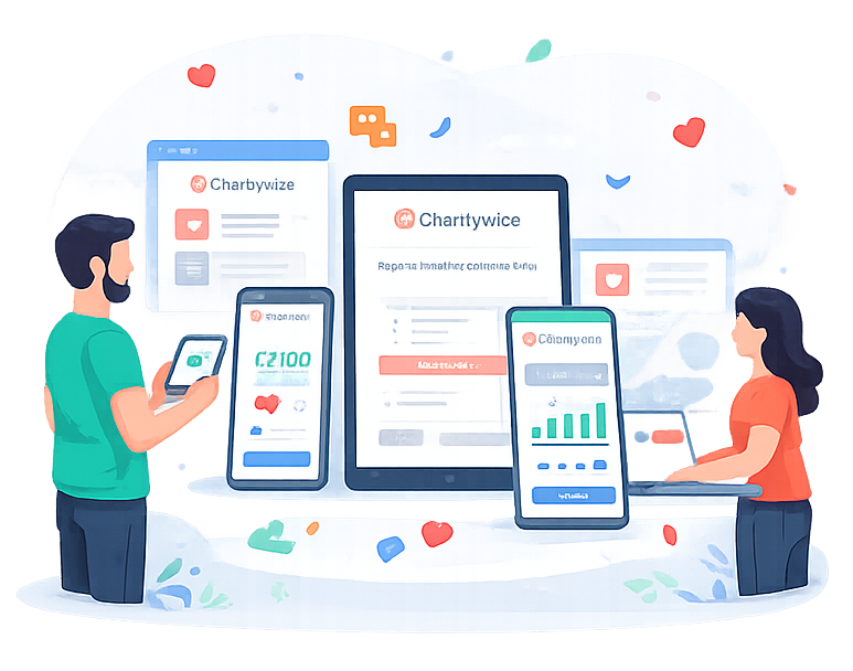 Branded charity donation and fundraising pages shown across devices for a consistent supporter experience
