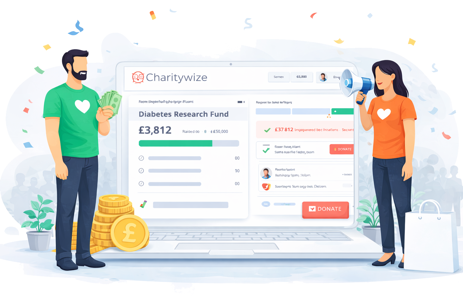 Charity CRM platform dashboard showing donations, fundraising and supporter management